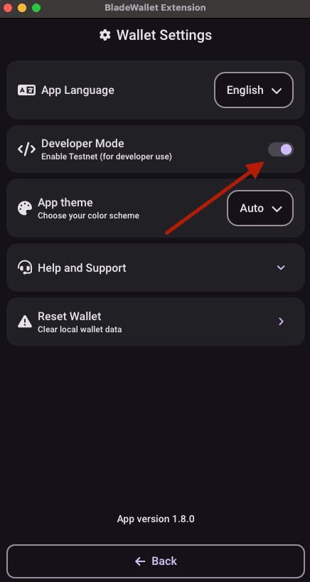 Blade Wallet Testnet Settings